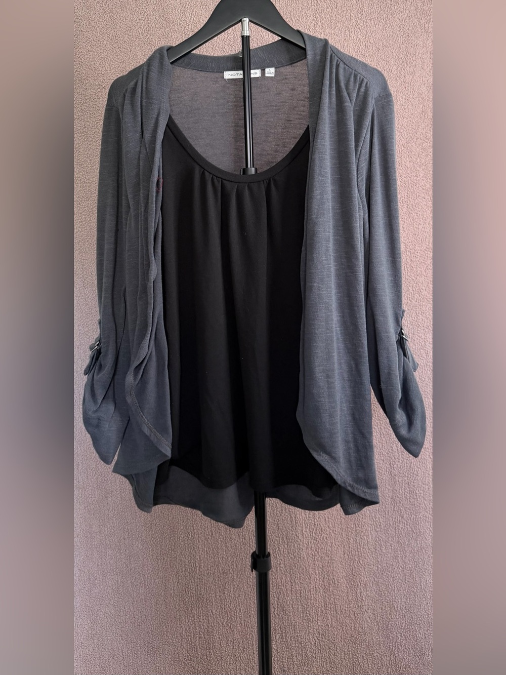 Notations Women’s L Gray Black 2-in-1 Layered Cardigan Top Ruched Sleeve